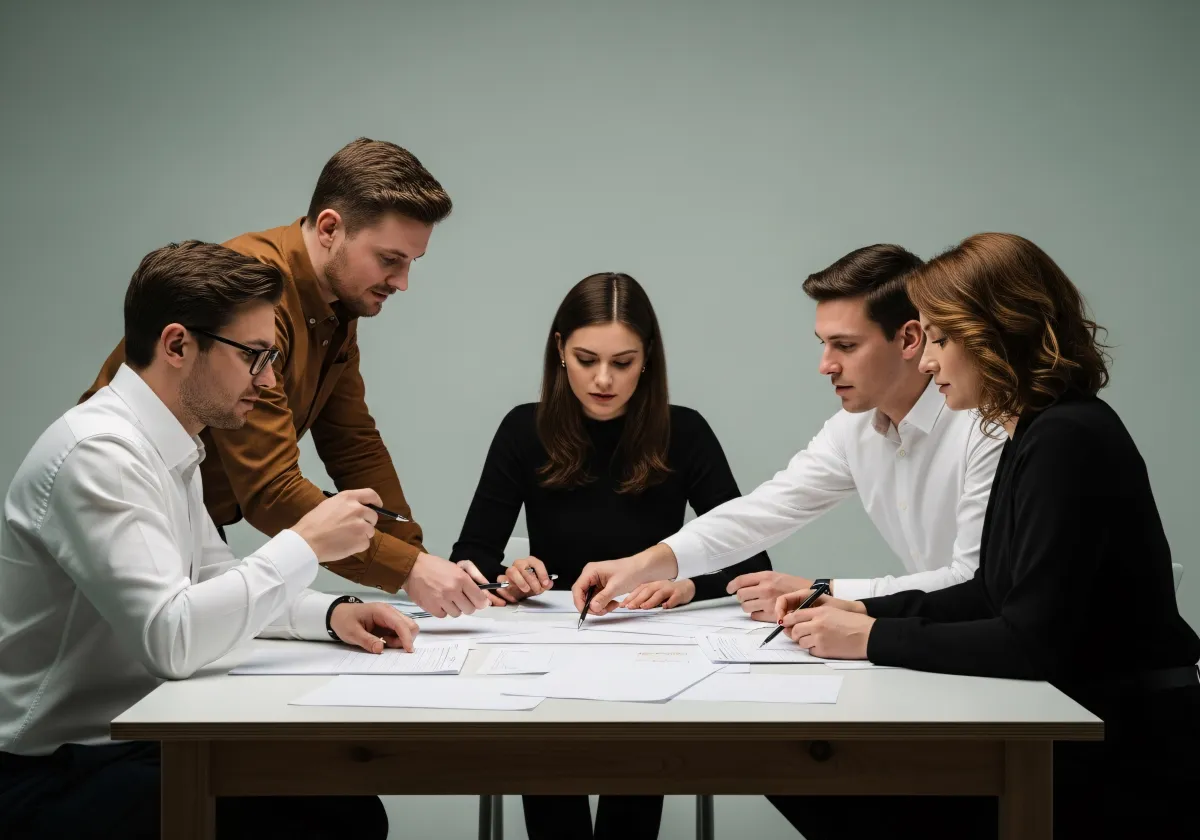 Grupo de profissionais discutindo análise imobiliária de forma ética e reservada
